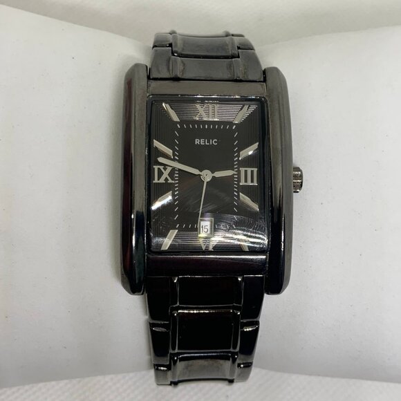Relic men black tone watch date 50MWR 31mm rectangle case Quartz 8” running - Picture 1 of 8